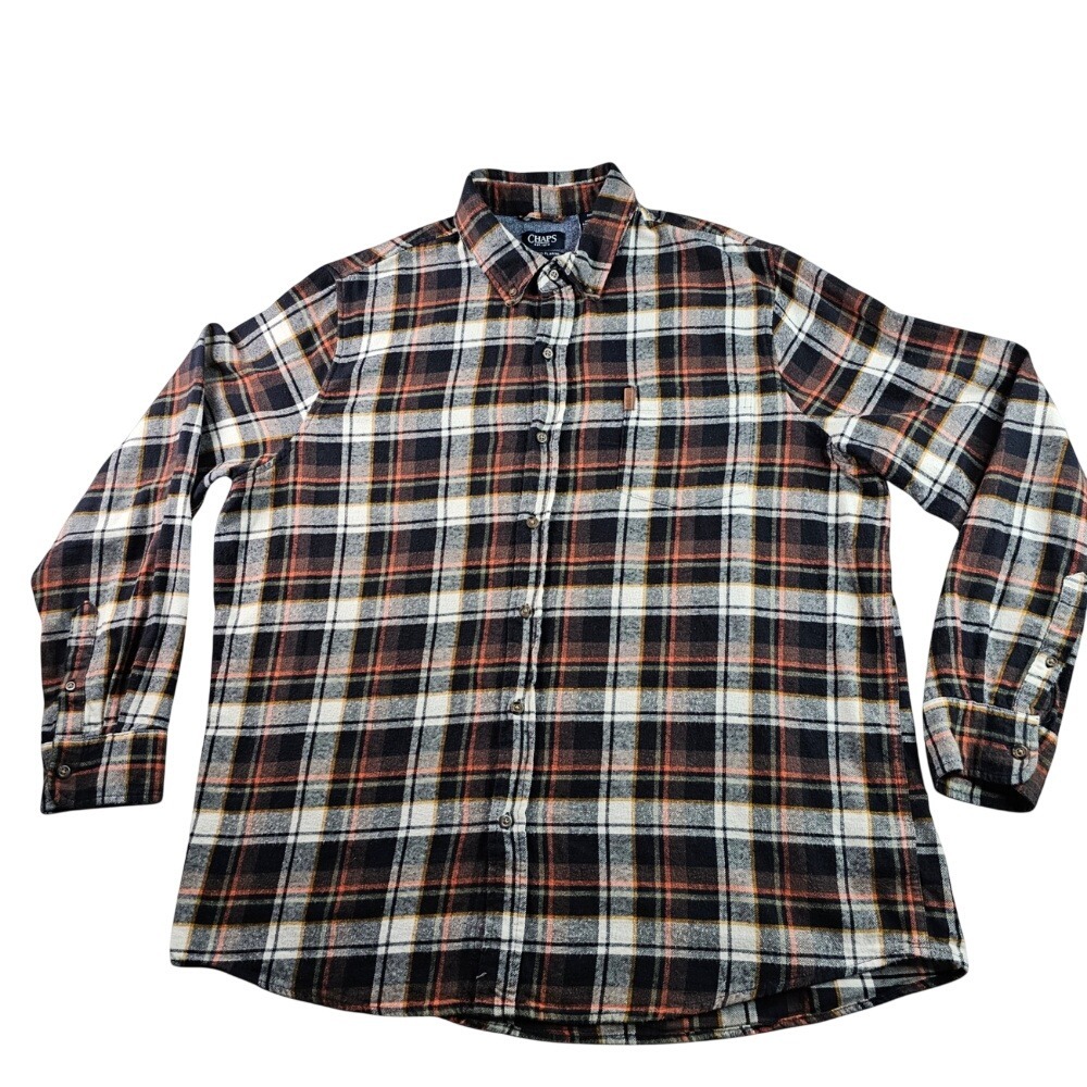 Chaps Brushed Flannel Shirt‎ Men 2XL Black Brown Plaid Cotton Button Down Shirt